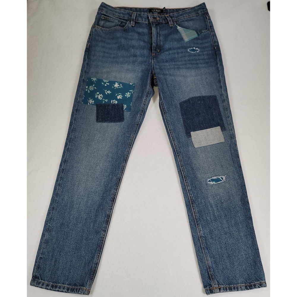 Lauren Ralph Lauren Boyfriend Jeans In Dusk Blue Patchwork Distressed Size 6